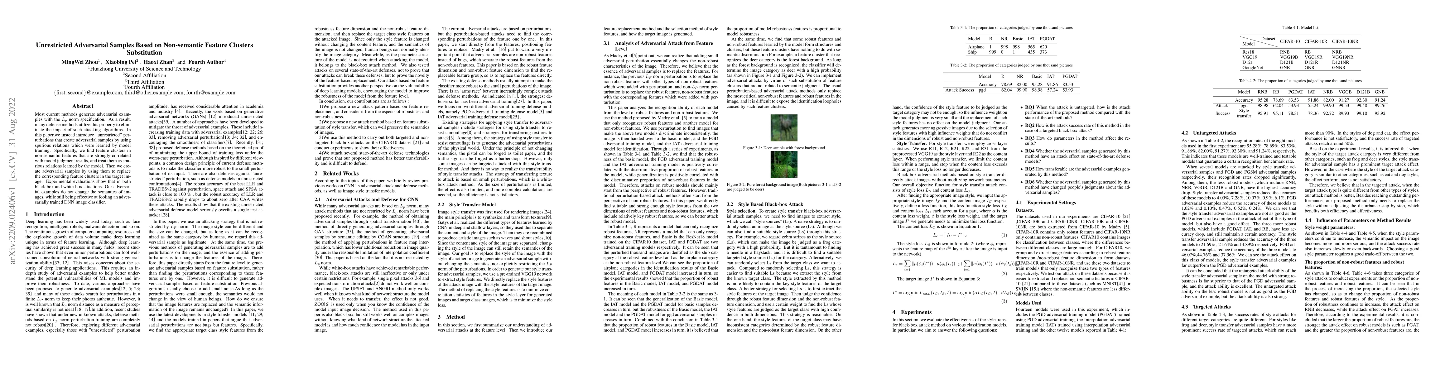 Thumbnail for Unrestricted Adversarial Samples Based on Non-semantic Feature Clusters
  Substitution