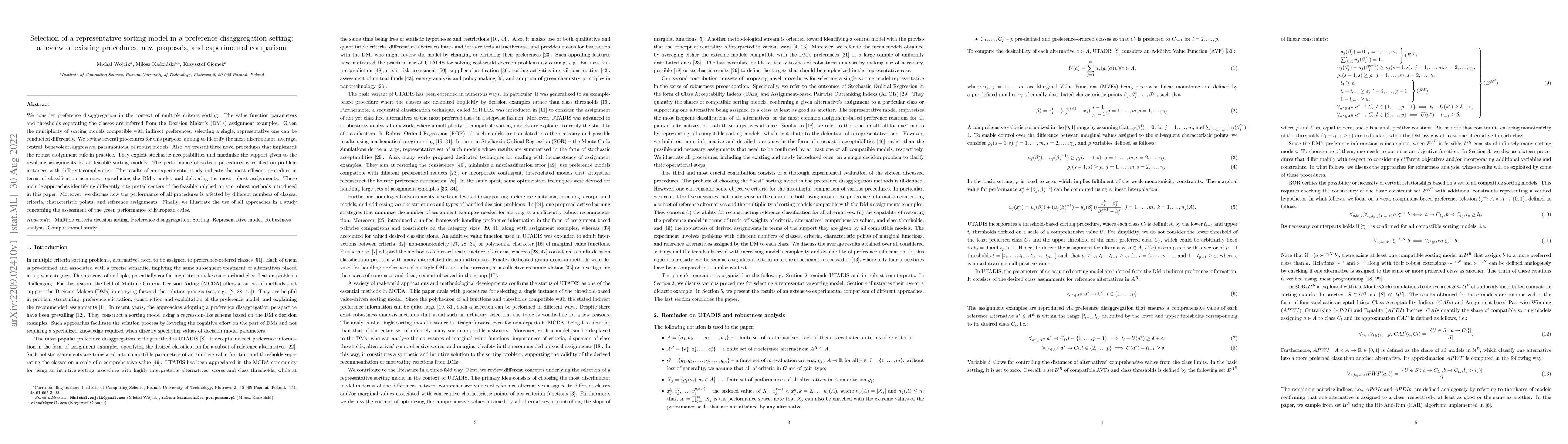 Thumbnail for Selection of a representative sorting model in a preference
  disaggregation setting: a review of existing procedures, new proposals, and
  experimental comparison