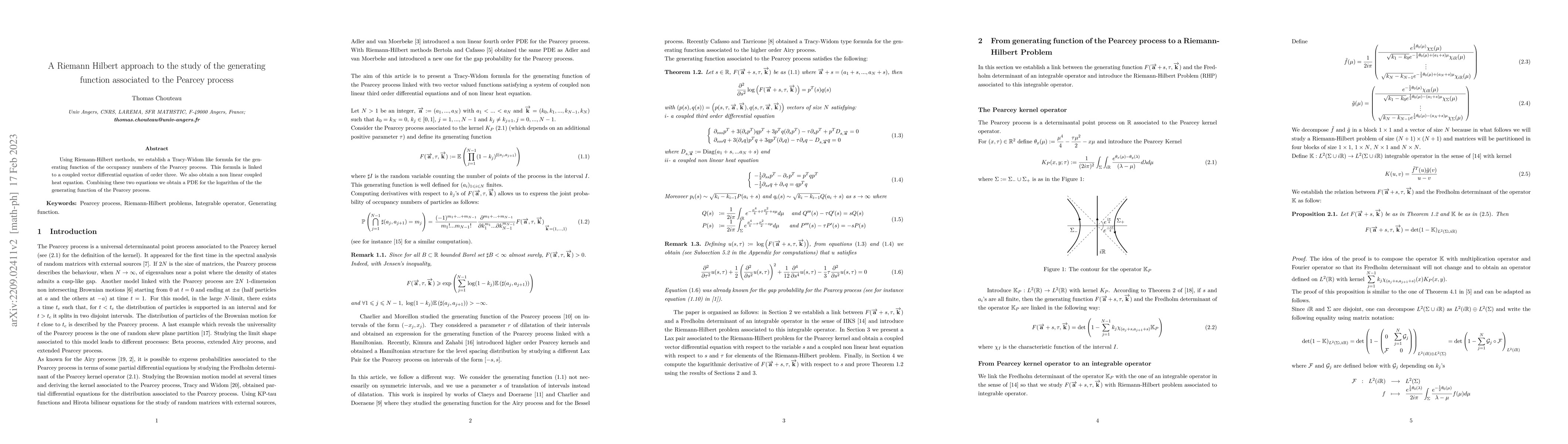 Thumbnail for A Riemann Hilbert approach to the study of the generating function
  associated to the Pearcey process