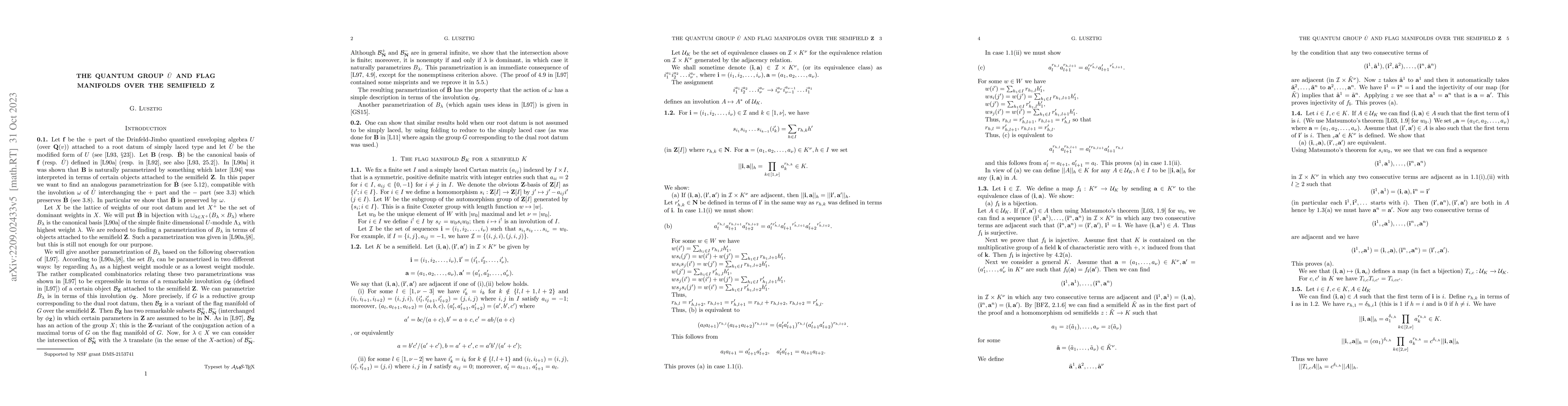 Thumbnail for The quantum group $\dot U$ and flag manifolds over the semifield Z