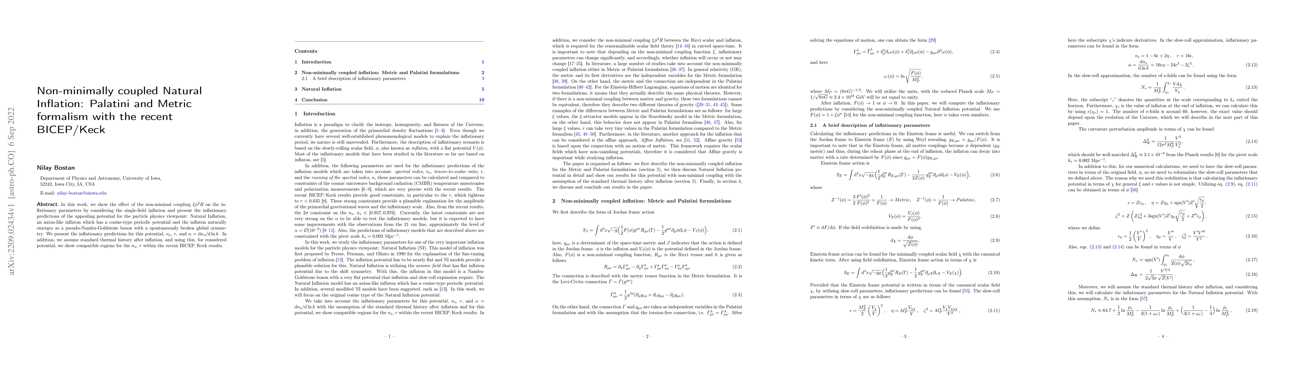 Thumbnail for Non-minimally coupled Natural Inflation: Palatini and Metric formalism
  with the recent BICEP/Keck