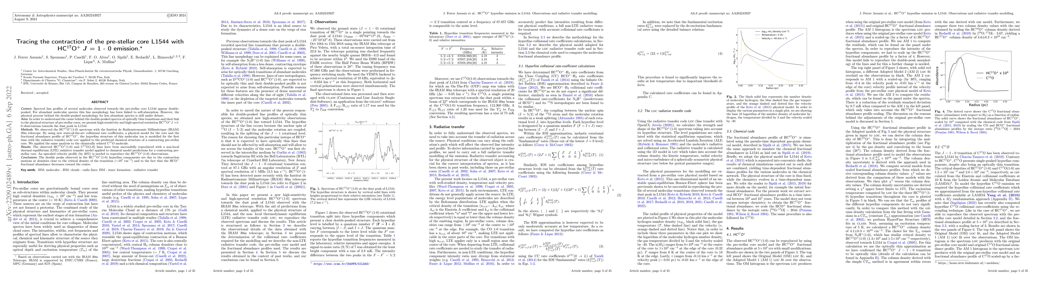 Thumbnail for Tracing the contraction of the pre-stellar core L1544 with
  HC$^{17}$O$^+$ $J$ = 1-0 emission