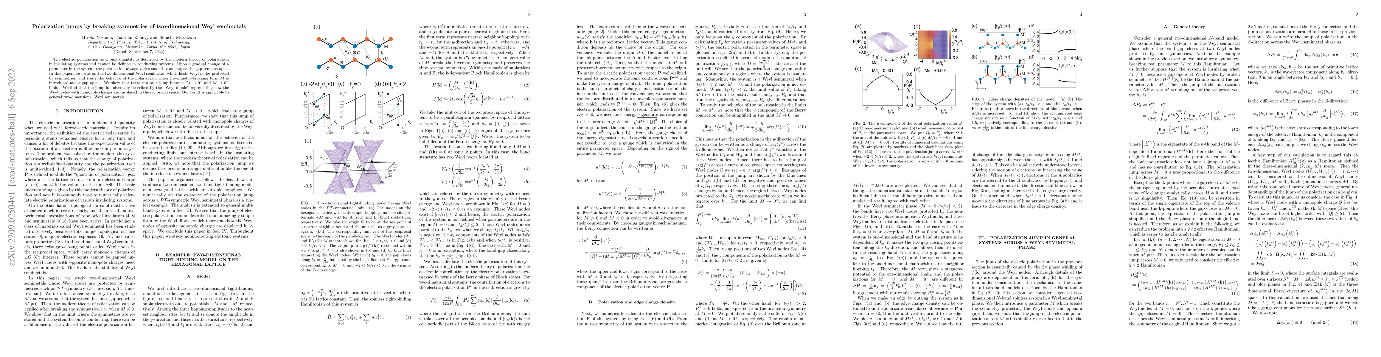 Thumbnail for Polarization jumps by breaking symmetries of two-dimensional Weyl
  semimetals