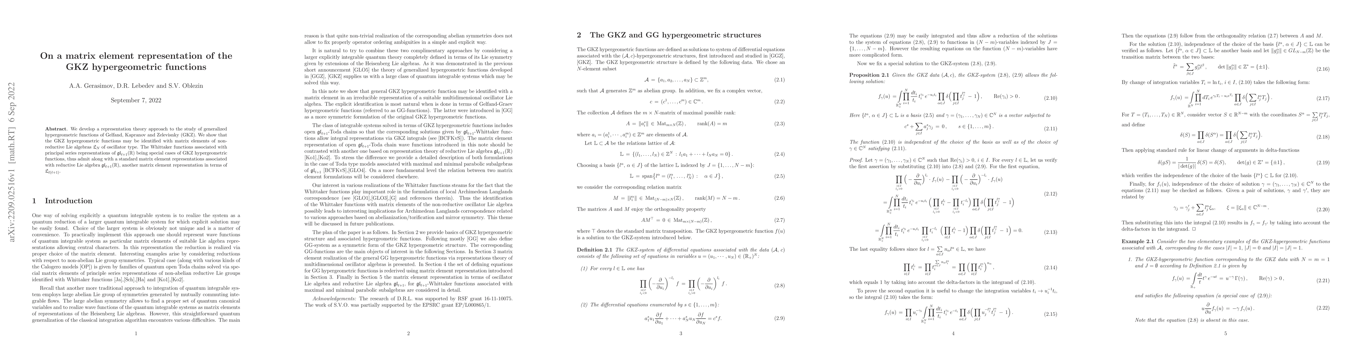 Thumbnail for On a matrix element representation of the GKZ hypergeometric functions