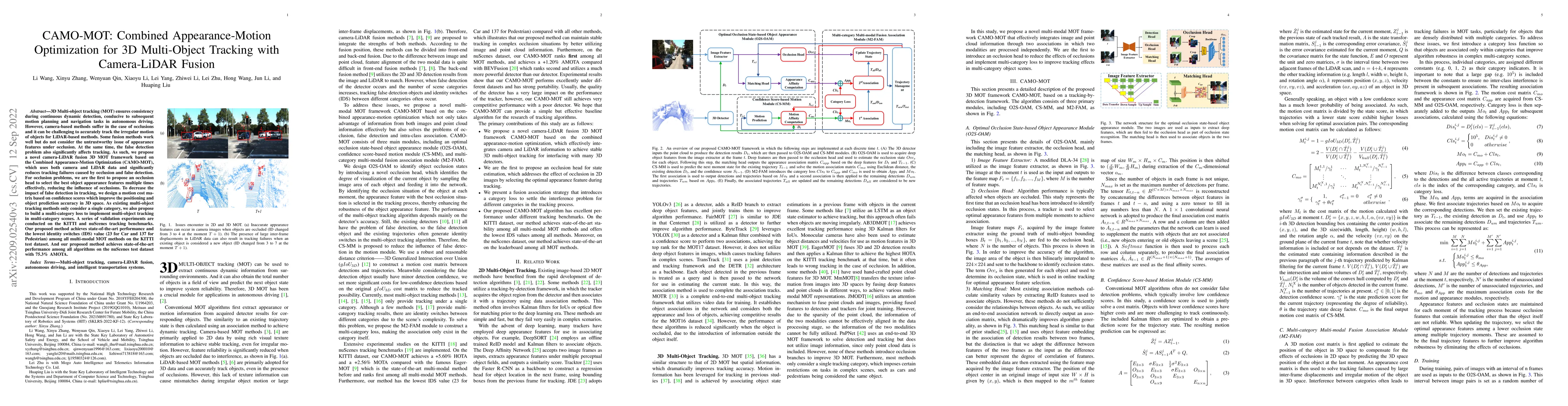 Thumbnail for CAMO-MOT: Combined Appearance-Motion Optimization for 3D Multi-Object
  Tracking with Camera-LiDAR Fusion