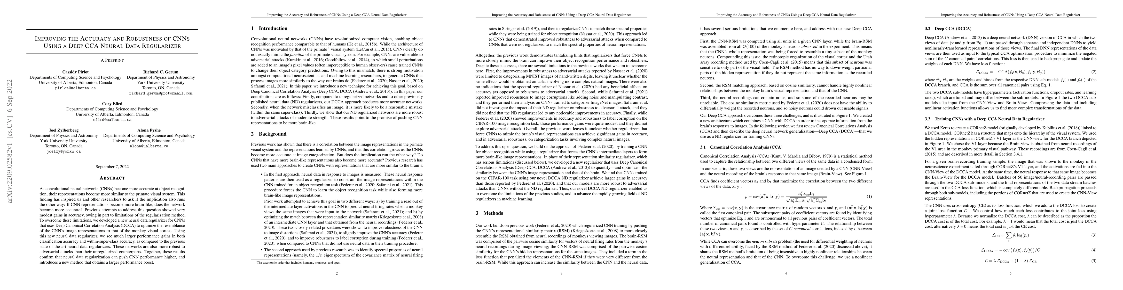 Thumbnail for Improving the Accuracy and Robustness of CNNs Using a Deep CCA Neural
  Data Regularizer