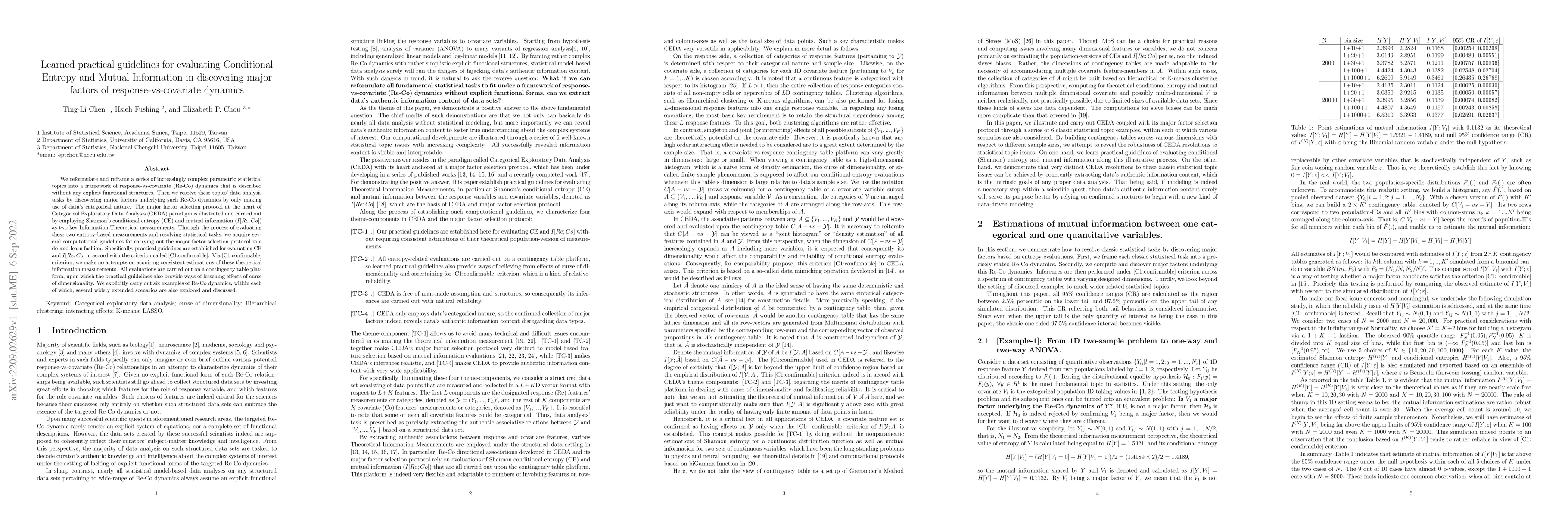 Thumbnail for Learned practical guidelines for evaluating Conditional Entropy and
  Mutual Information in discovering major factors of response-vs-covariate
  dynamics