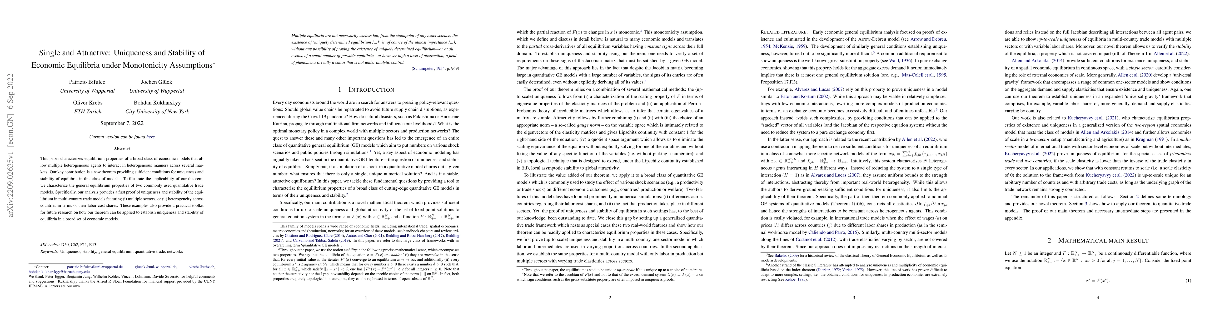 Thumbnail for Single and Attractive: Uniqueness and Stability of Economic Equilibria
  under Monotonicity Assumptions