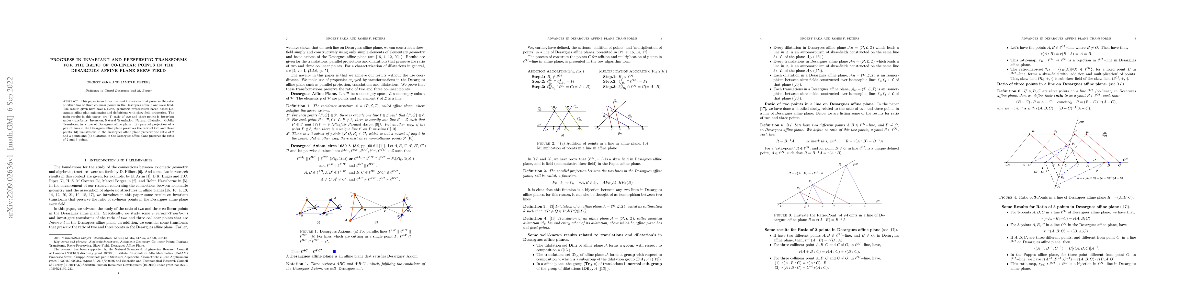 Thumbnail for Progress in Invariant and Preserving Transforms for the Ratio of
  Co-Linear Points in the Desargues Affine Plane Skew Field