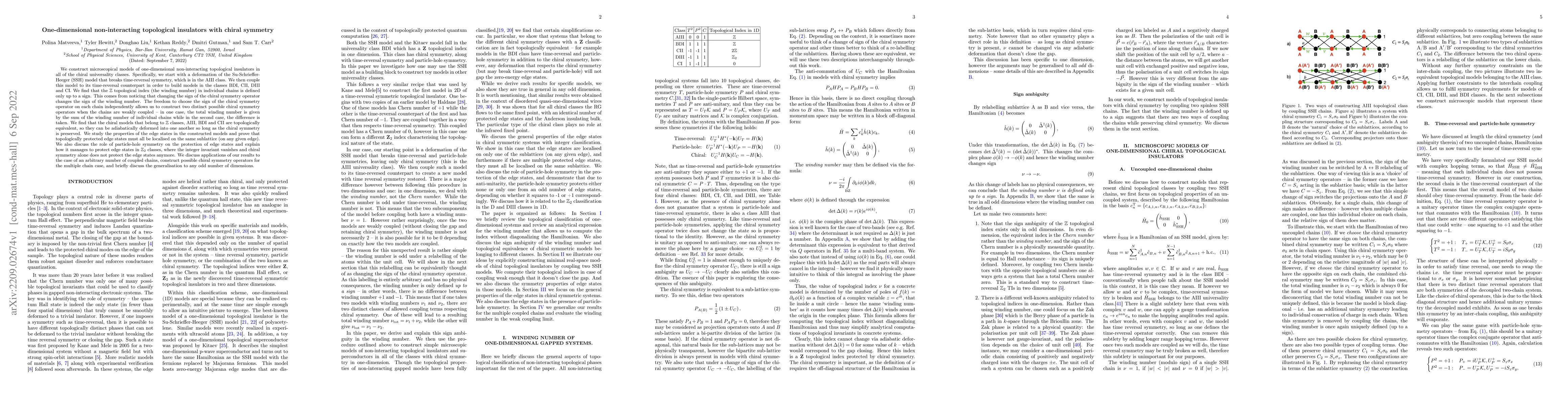 Thumbnail for One-dimensional non-interacting topological insulators with chiral
  symmetry