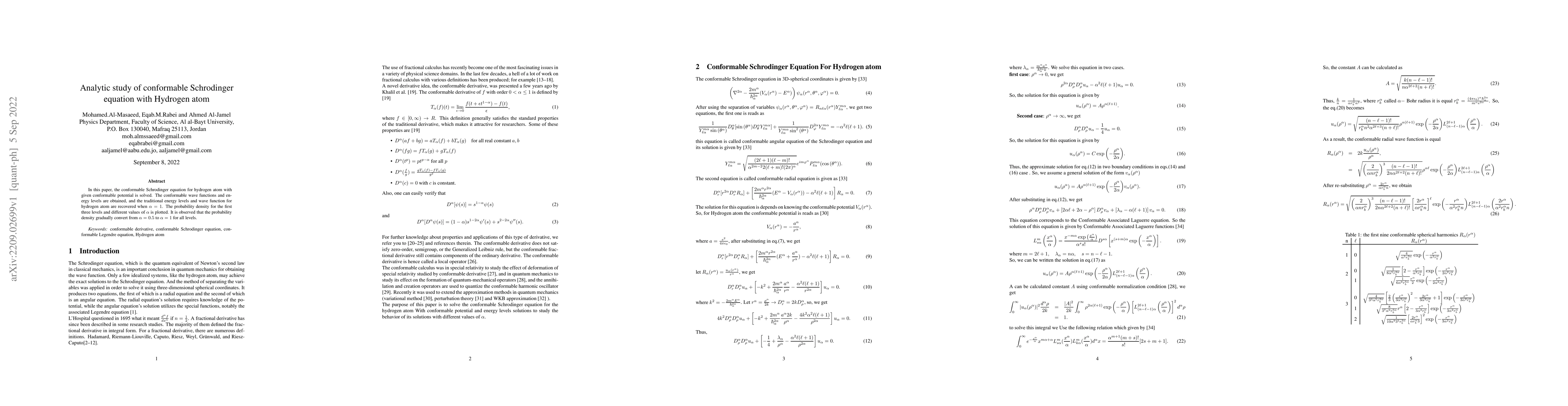 Thumbnail for Analytic study of conformable Schrodinger equation with Hydrogen atom