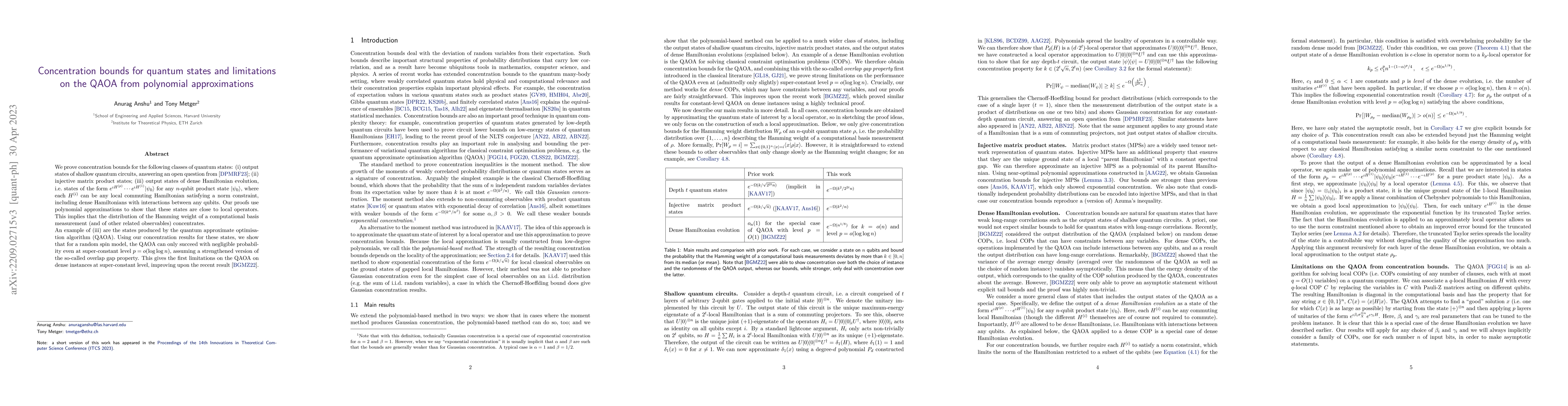 Thumbnail for Concentration bounds for quantum states and limitations on the QAOA from
  polynomial approximations