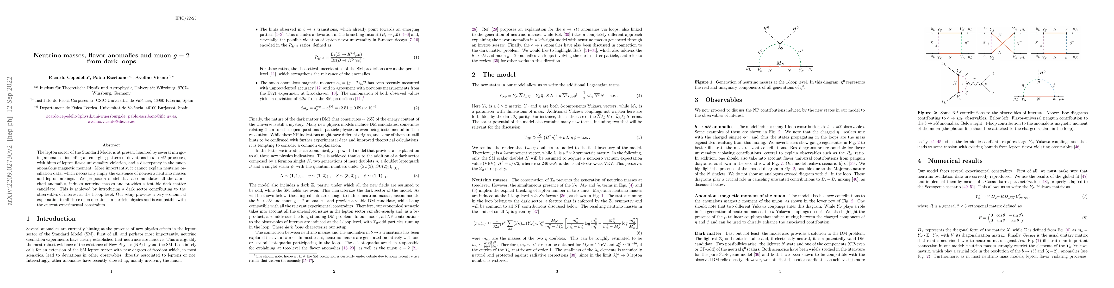 Thumbnail for Neutrino masses, flavor anomalies and muon $\boldsymbol{g-2}$ from dark
  loops