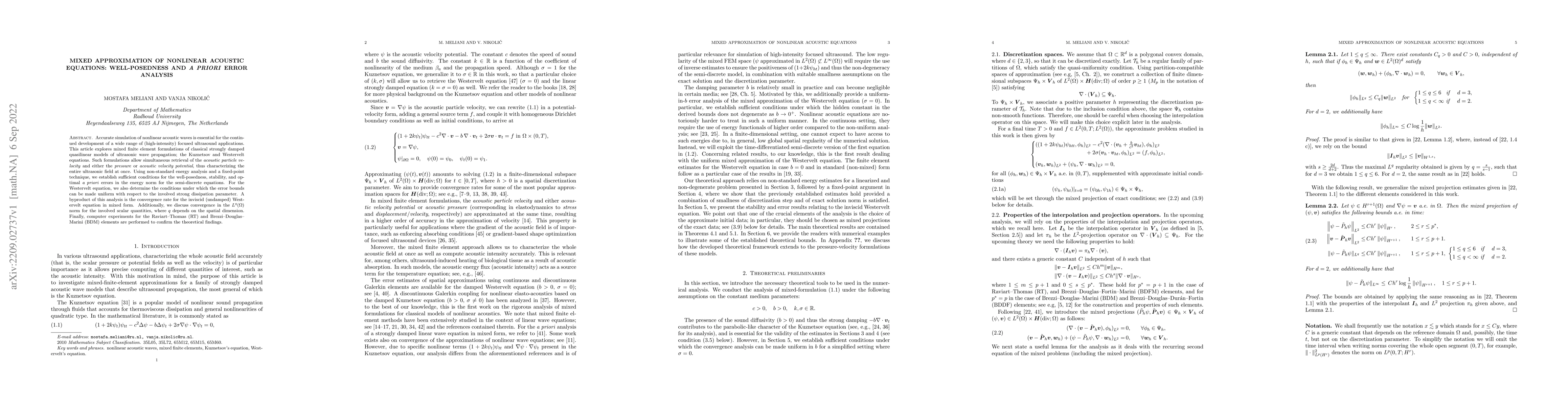 Thumbnail for Mixed approximation of nonlinear acoustic equations: Well-posedness and
  a priori error analysis