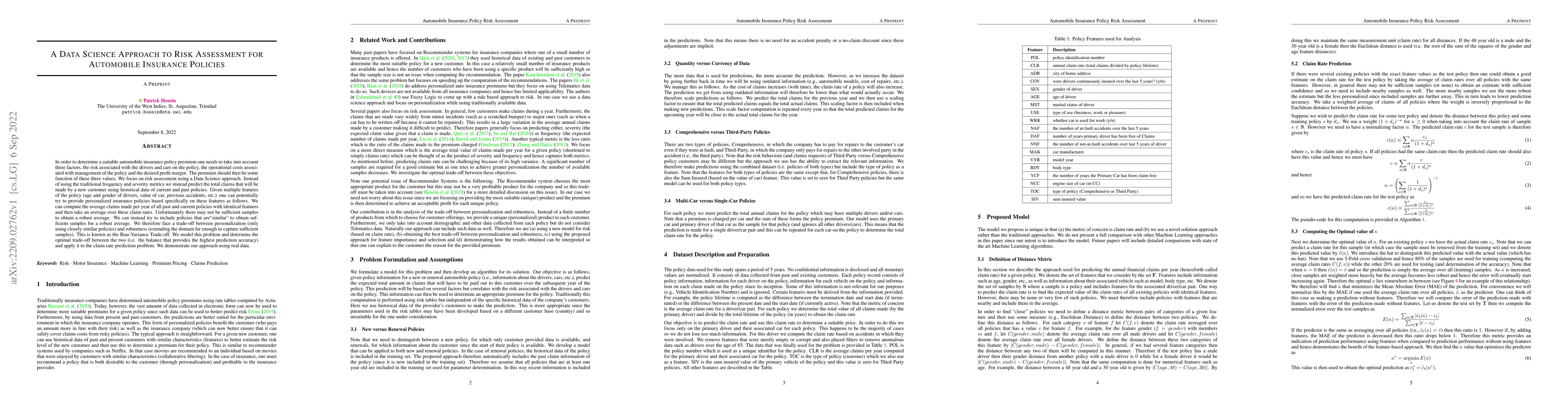 Thumbnail for A Data Science Approach to Risk Assessment for Automobile Insurance
  Policies