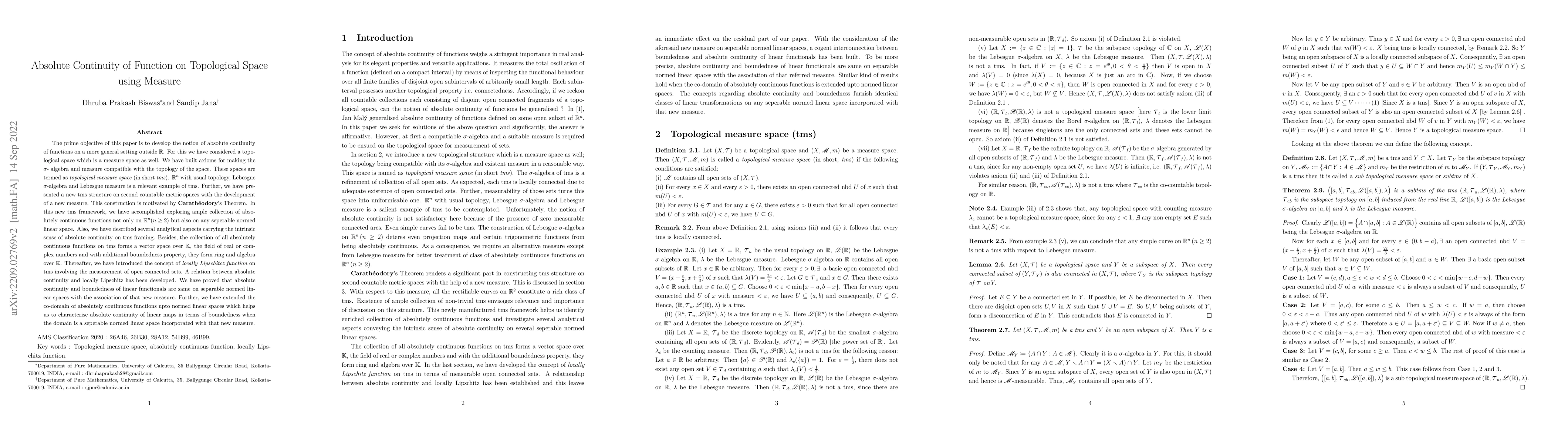 Thumbnail for Absolute Continuity of Function on Topological Space using Measure