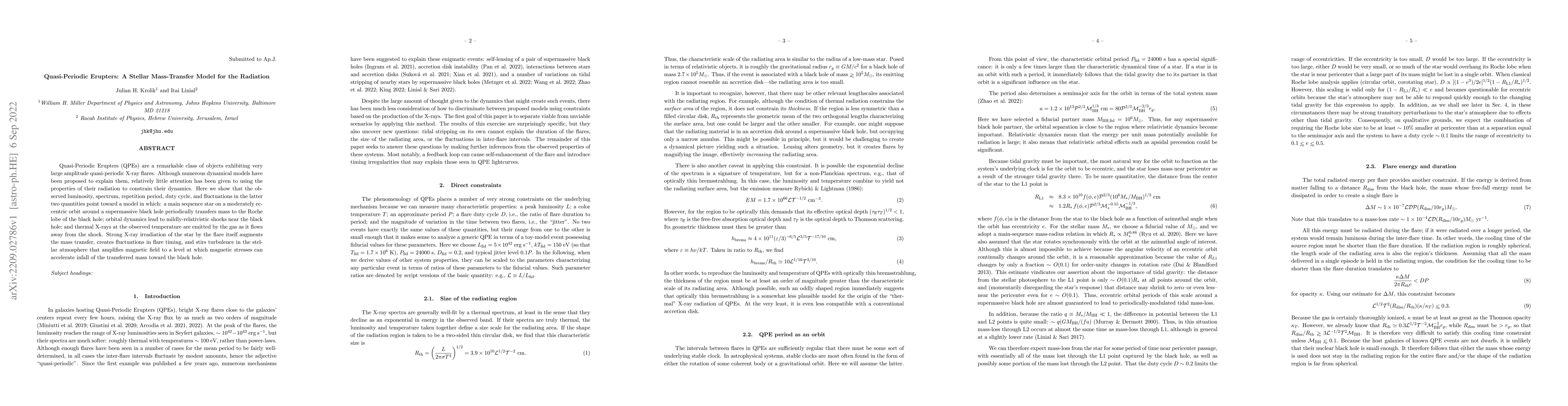 Thumbnail for Quasi-Periodic Erupters: A Stellar Mass-Transfer Model for the Radiation