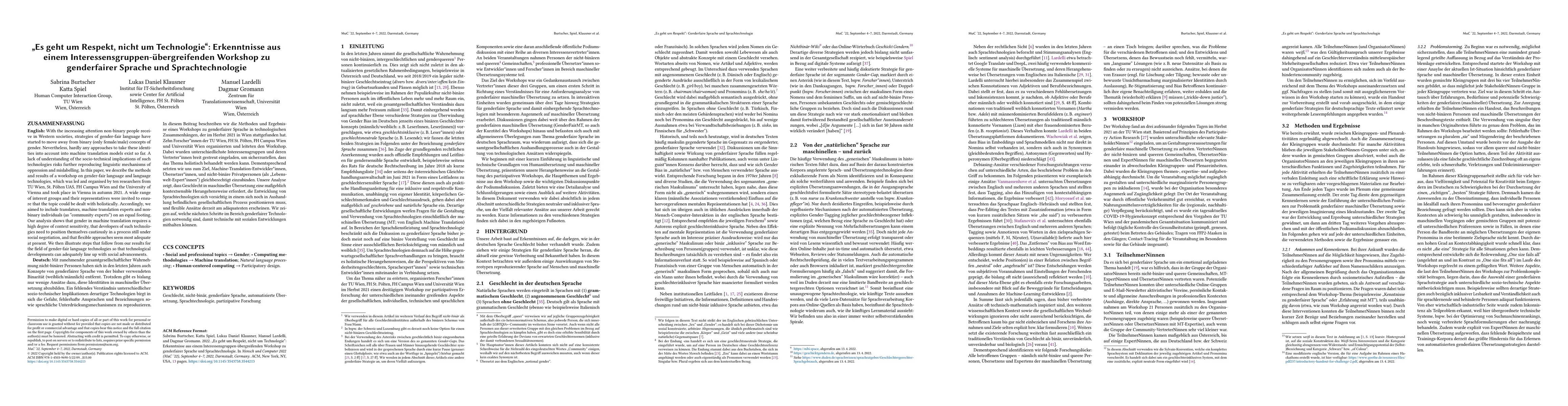 Thumbnail for "Es geht um Respekt, nicht um Technologie": Erkenntnisse aus einem
  Interessensgruppen-\"ubergreifenden Workshop zu genderfairer Sprache und
  Sprachtechnologie