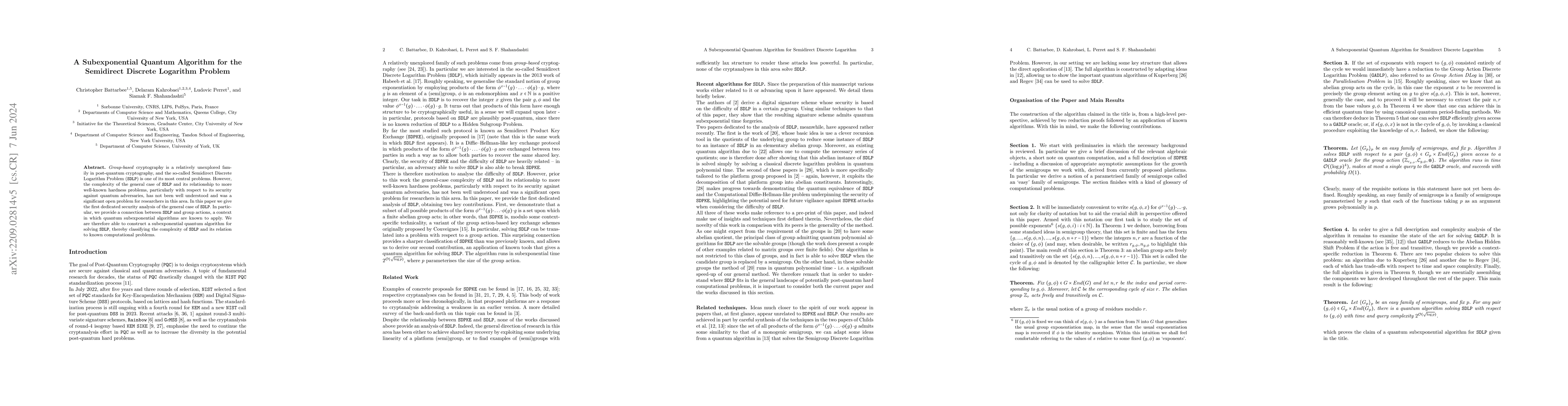 Thumbnail for A Subexponential Quantum Algorithm for the Semidirect Discrete Logarithm
  Problem