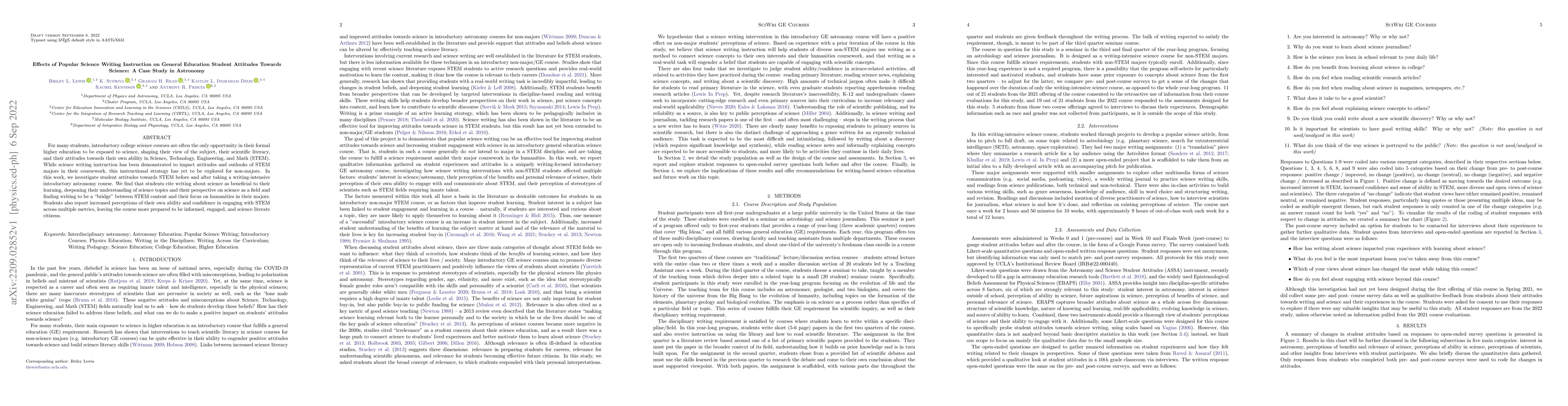 Thumbnail for Effects of Popular Science Writing Instruction on General Education
  Student Attitudes Towards Science: A Case Study in Astronomy
