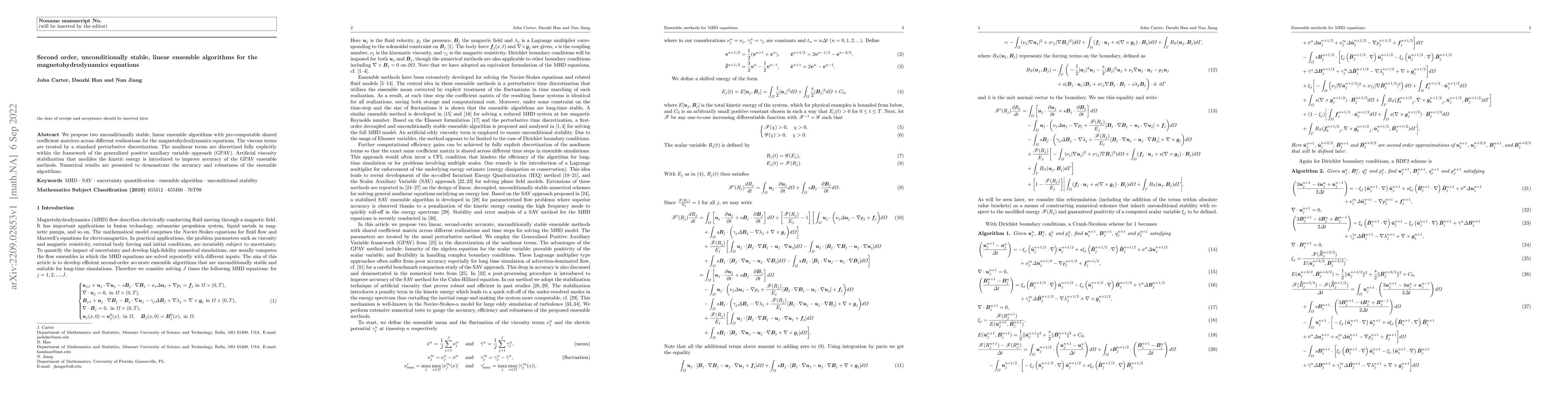 Thumbnail for Second order, unconditionally stable, linear ensemble algorithms for the
  magnetohydrodynamics equations