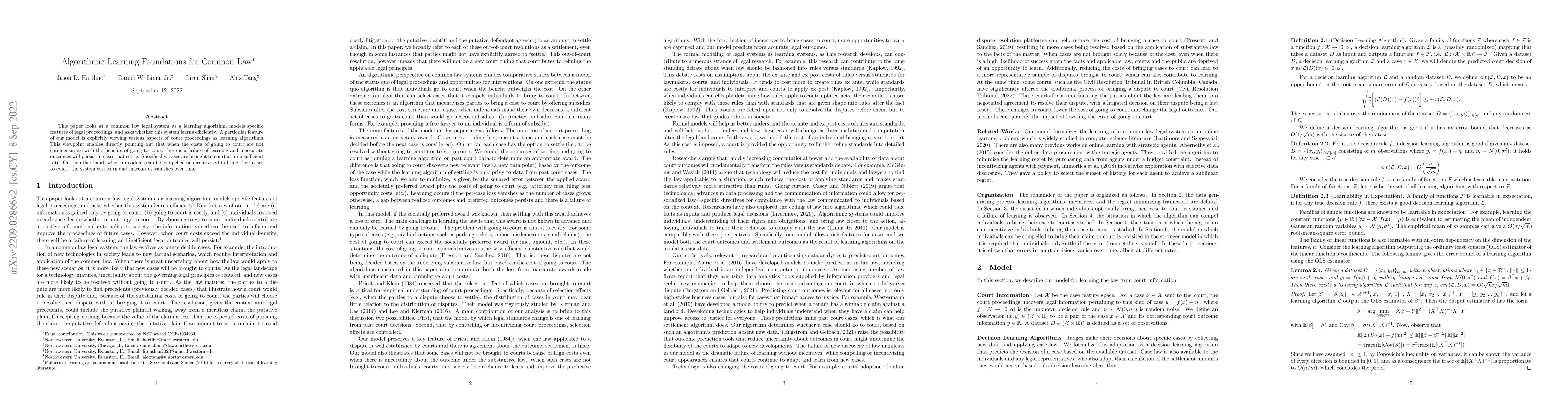 Thumbnail for Algorithmic Learning Foundations for Common Law