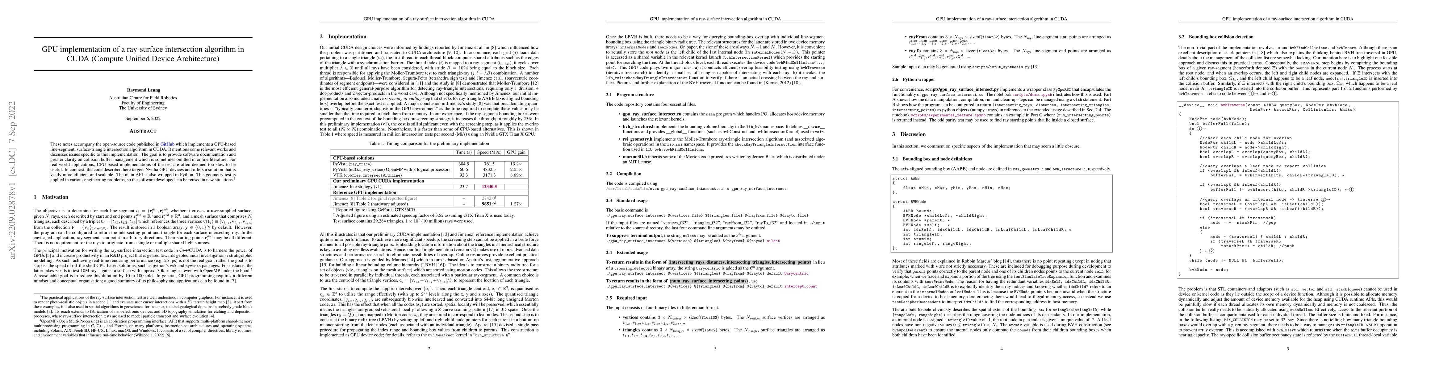 Thumbnail for GPU implementation of a ray-surface intersection algorithm in CUDA
  (Compute Unified Device Architecture)