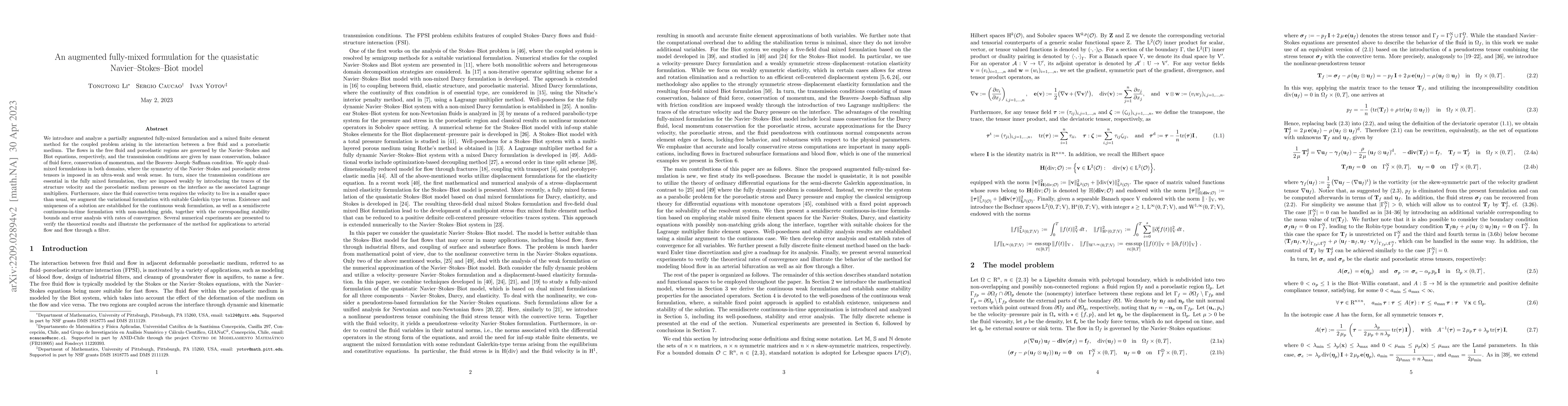 Thumbnail for An augmented fully-mixed formulation for the quasistatic
  Navier--Stokes--Biot model
