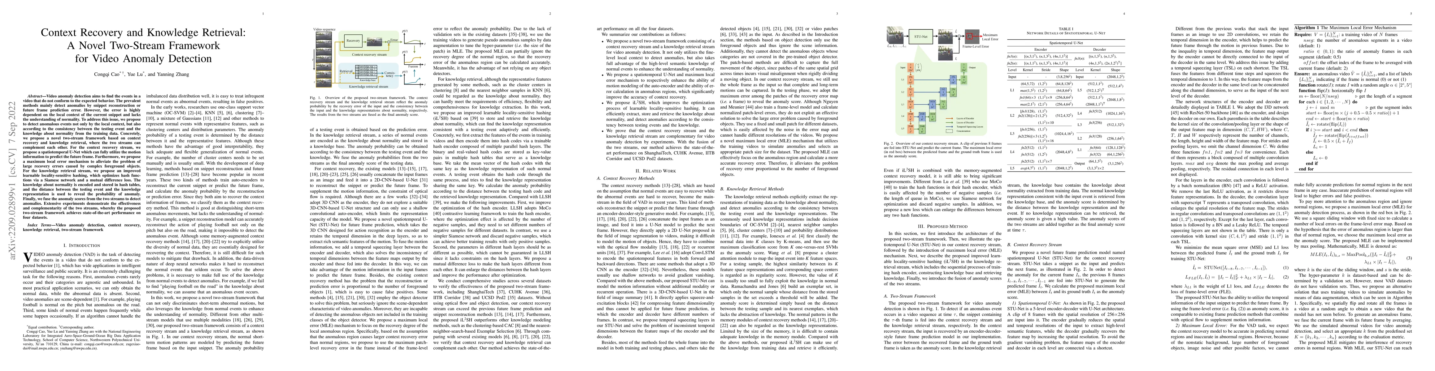 Thumbnail for Context Recovery and Knowledge Retrieval: A Novel Two-Stream Framework
  for Video Anomaly Detection