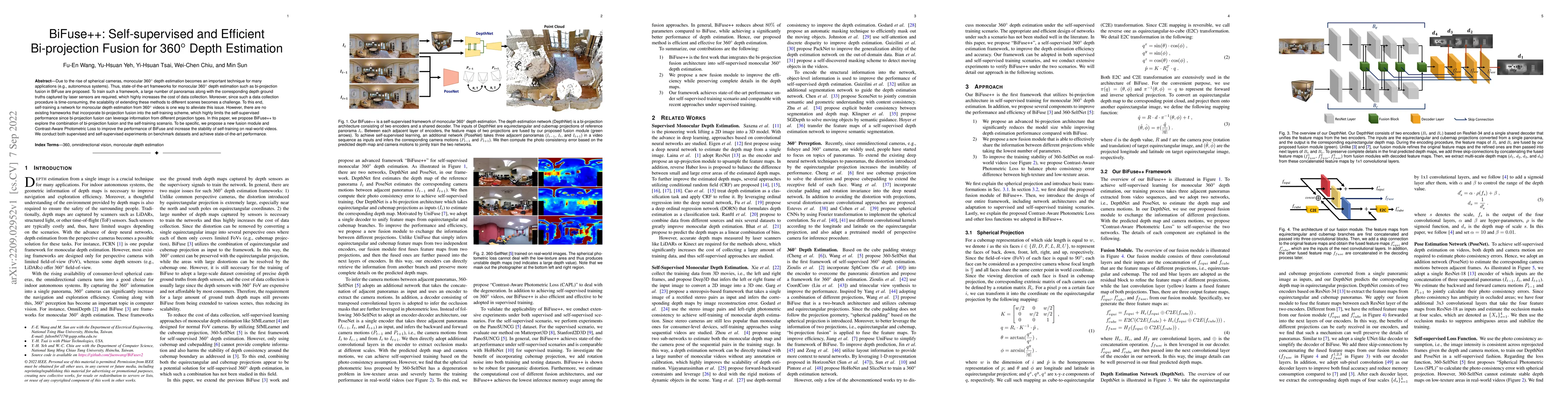 Thumbnail for BiFuse++: Self-supervised and Efficient Bi-projection Fusion for 360
  Depth Estimation