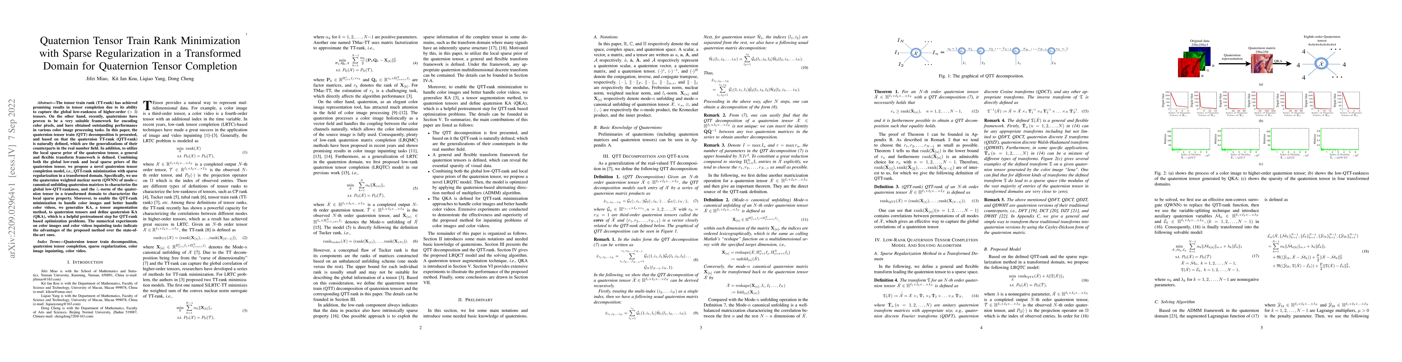 Thumbnail for Quaternion Tensor Train Rank Minimization with Sparse Regularization in
  a Transformed Domain for Quaternion Tensor Completion