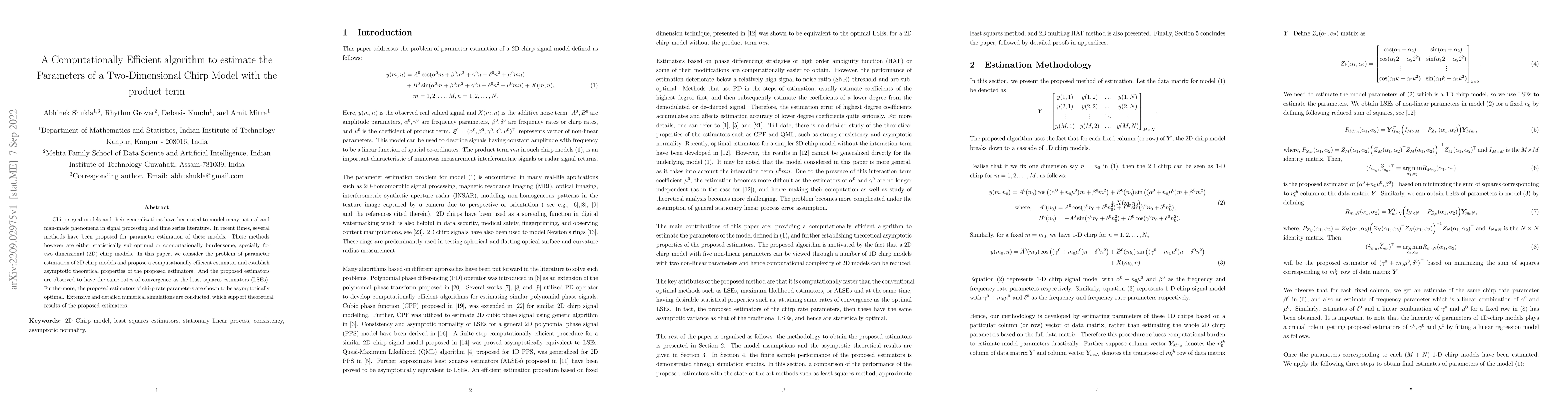 Thumbnail for A Computationally Efficient algorithm to estimate the Parameters of a
  Two-Dimensional Chirp Model with the product term