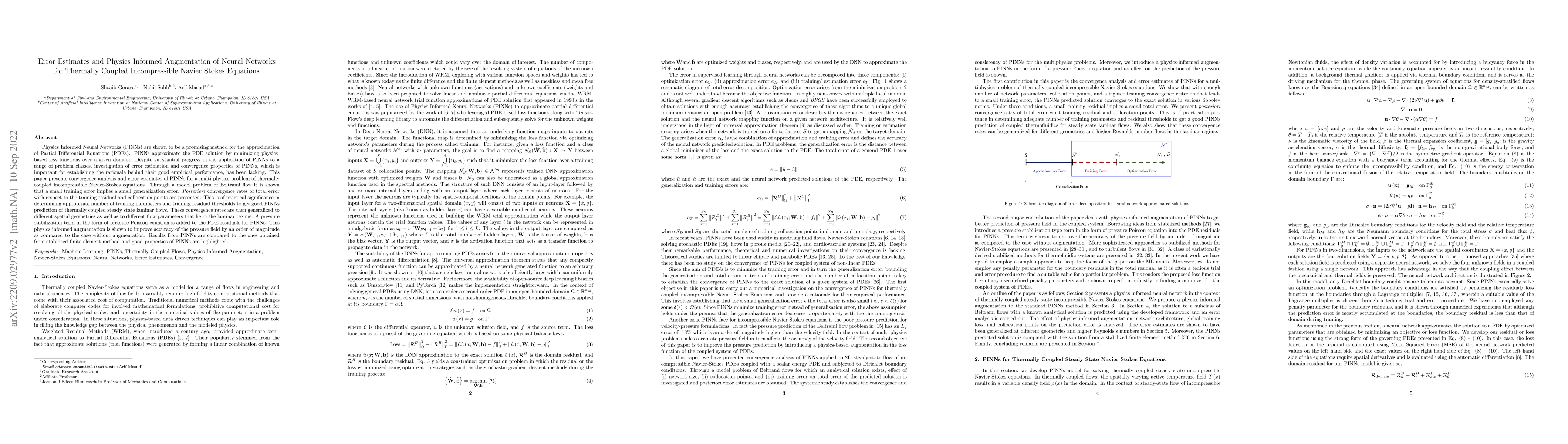 Thumbnail for Error Estimates and Physics Informed Augmentation of Neural Networks for
  Thermally Coupled Incompressible Navier Stokes Equations