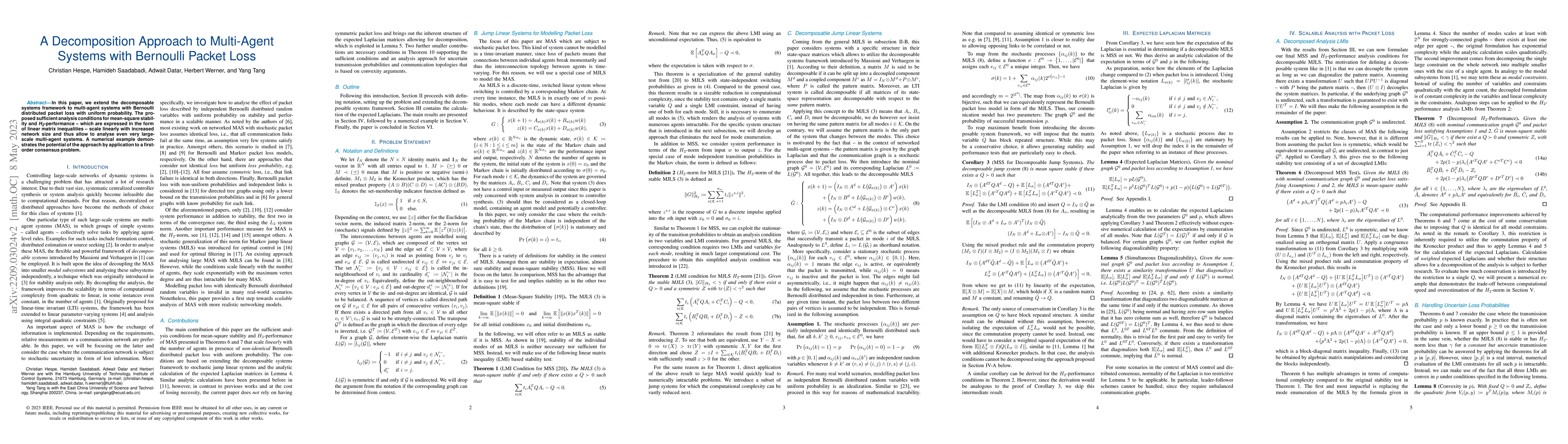 Thumbnail for A Decomposition Approach to Multi-Agent Systems with Bernoulli Packet
  Loss