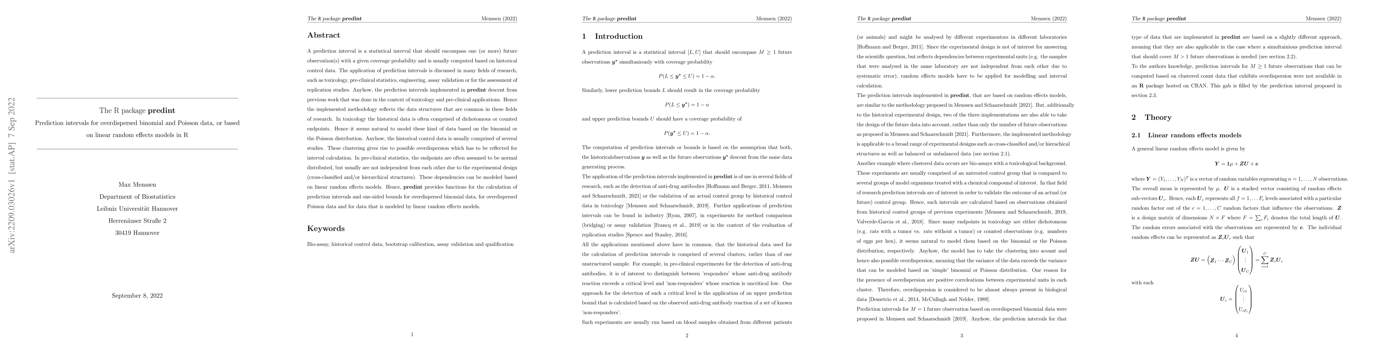 Thumbnail for The R package predint: Prediction intervals for overdispersed binomial
  and Poisson data or based on linear random effects models in R