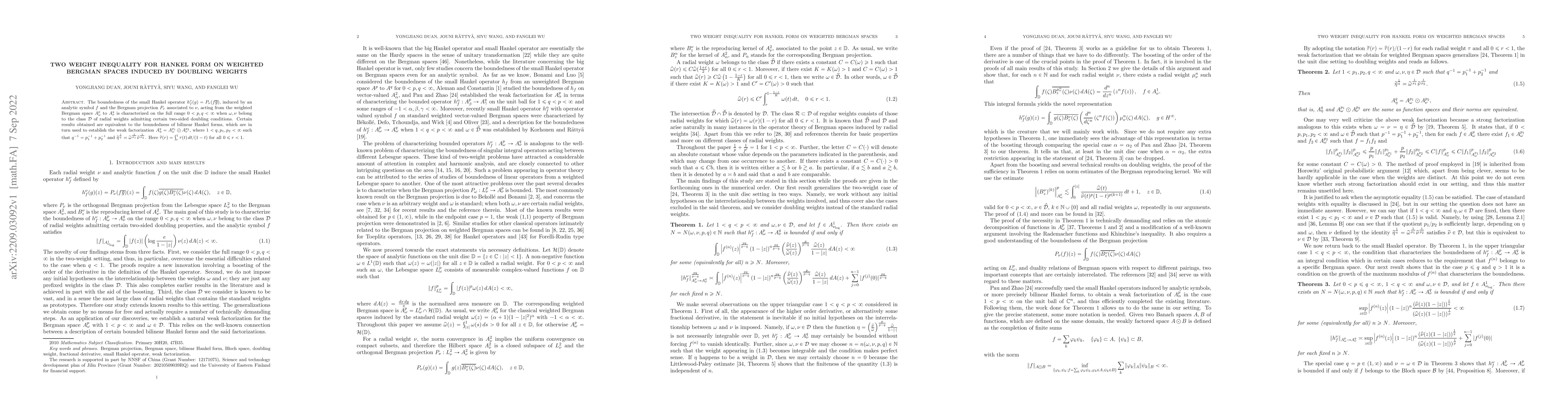 Thumbnail for Two weight inequality for Hankel form on weighted Bergman spaces induced
  by doubling weights