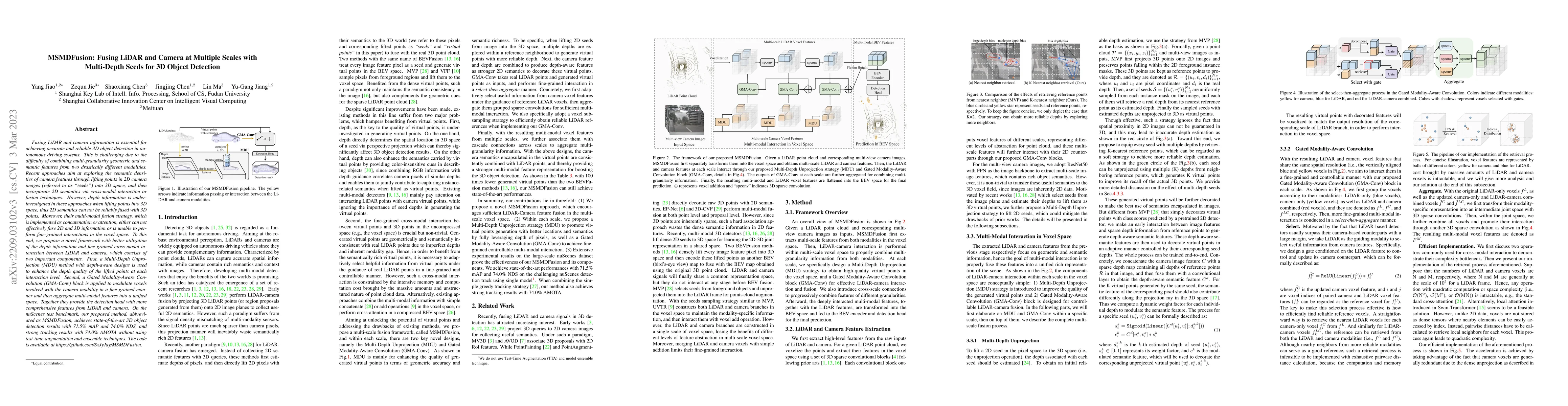 Thumbnail for MSMDFusion: Fusing LiDAR and Camera at Multiple Scales with Multi-Depth
  Seeds for 3D Object Detection