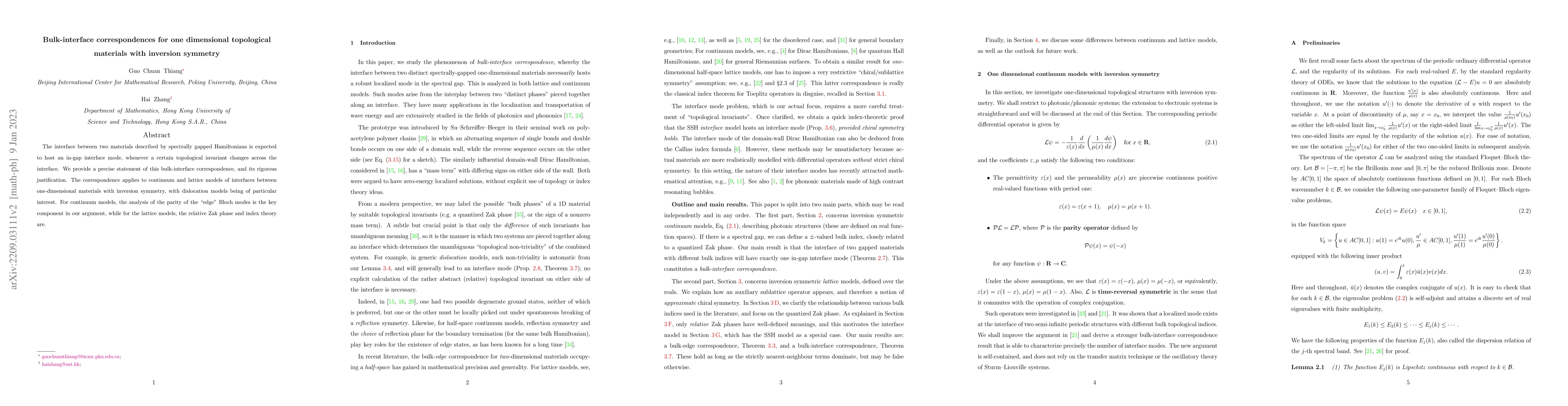 Thumbnail for Bulk-interface correspondences for one dimensional topological materials
  with inversion symmetry