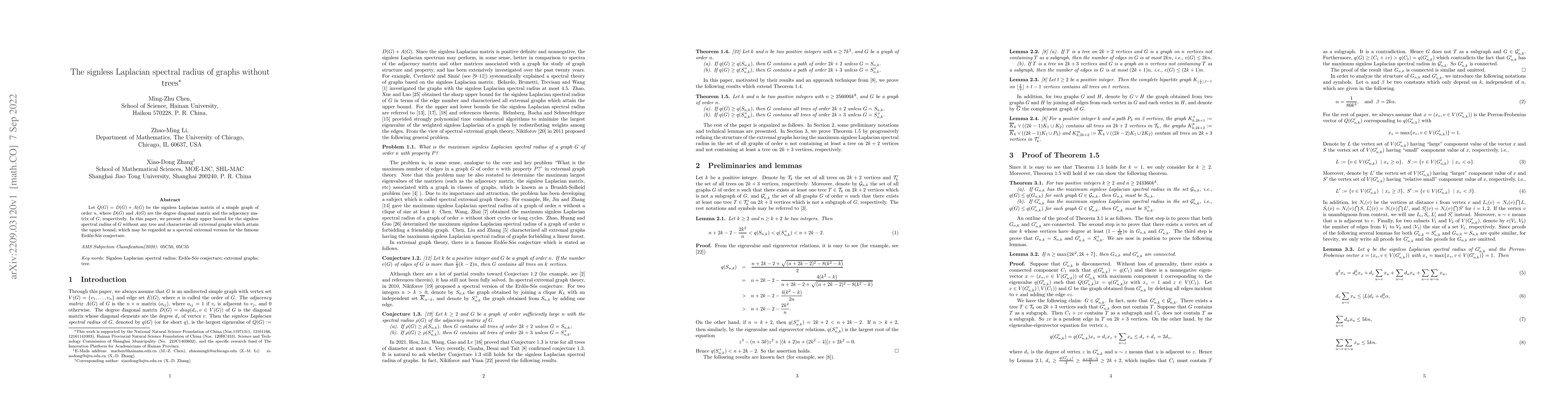 Thumbnail for The signless Laplacian spectral radius of graphs without trees