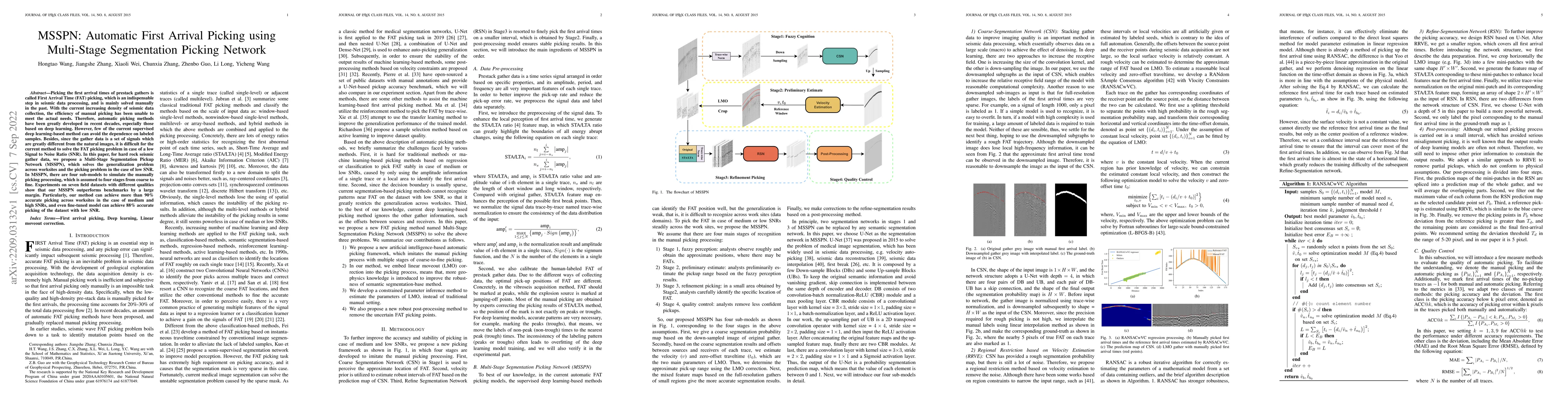 Thumbnail for MSSPN: Automatic First Arrival Picking using Multi-Stage Segmentation
  Picking Network