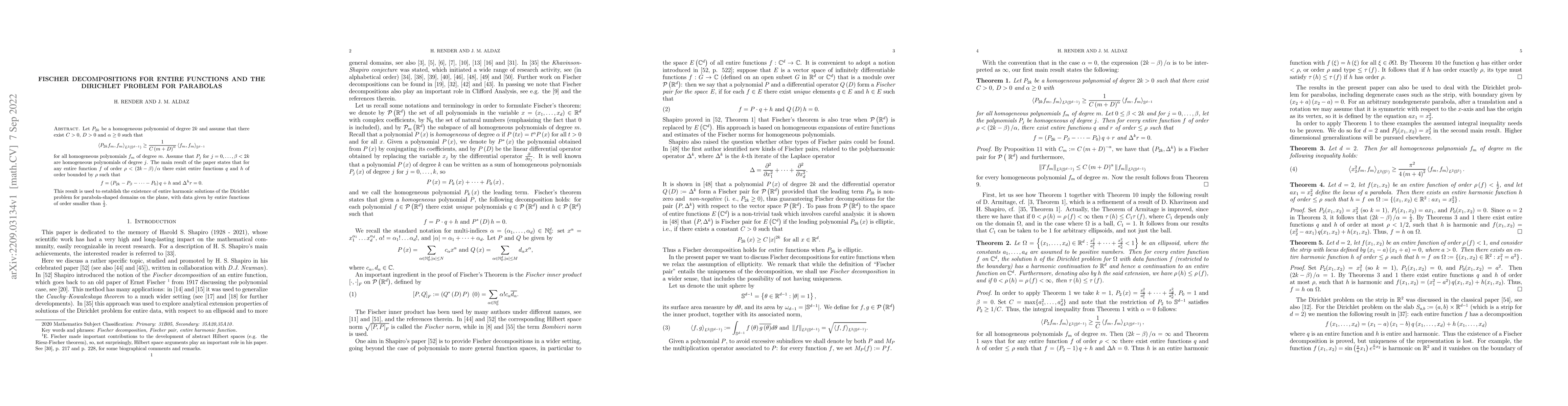 Thumbnail for Fischer decompositions for entire functions and the Dirichlet problem
  for parabolas