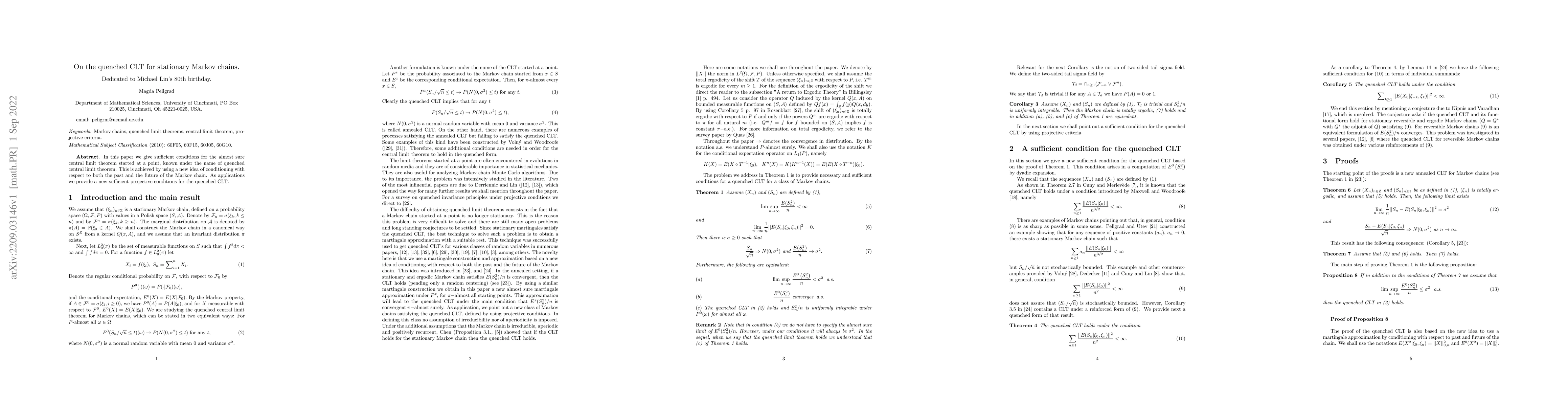 Thumbnail for On the quenched CLT for stationary Markov chains