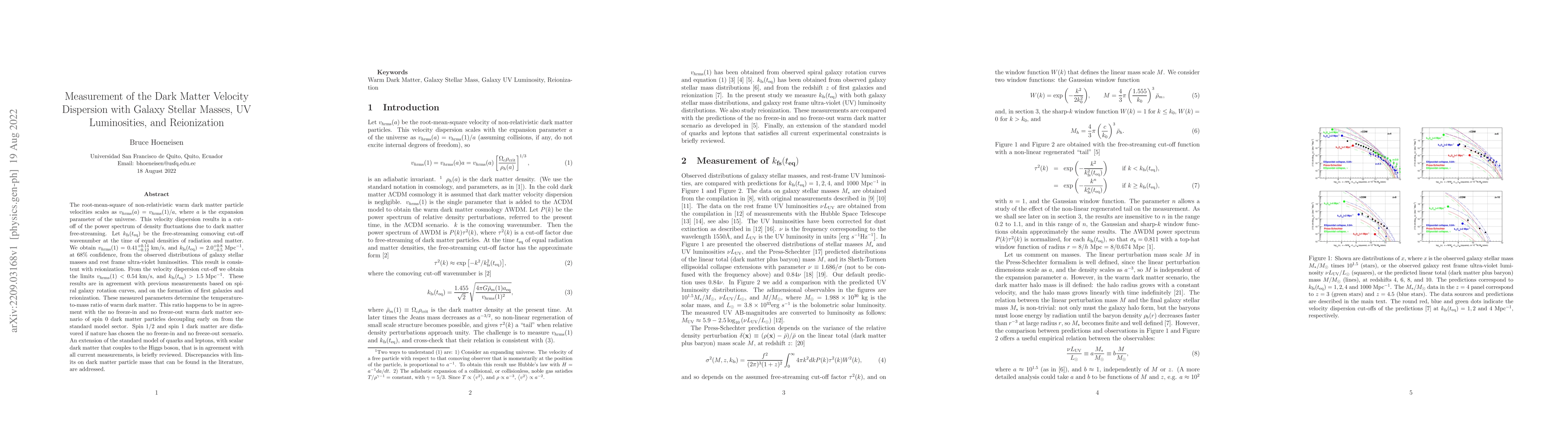 Thumbnail for Measurement of the Dark Matter Velocity Dispersion with Galaxy Stellar
  Masses, UV Luminosities, and Reionization