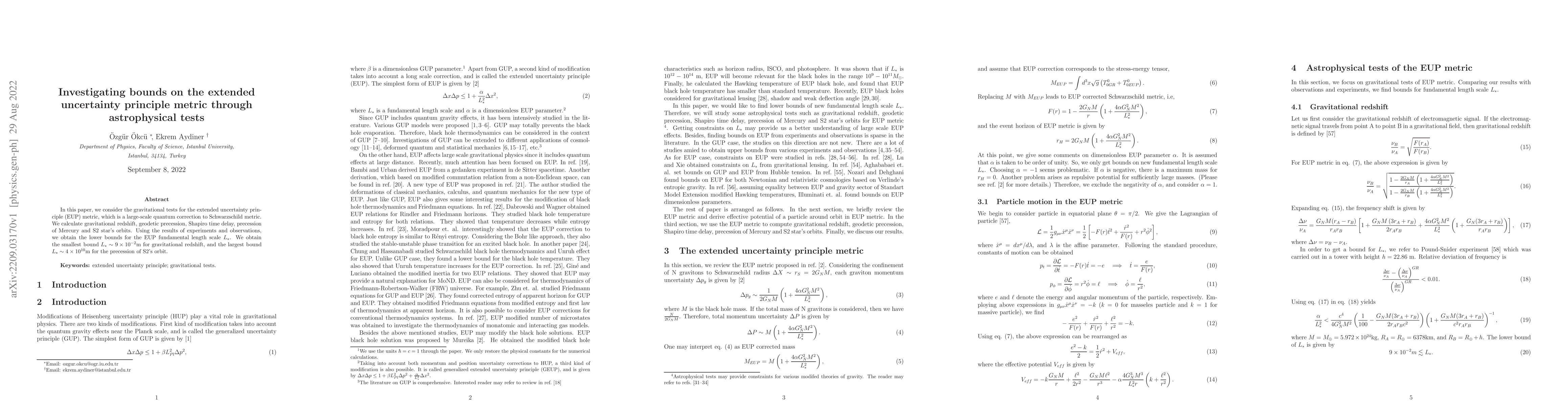 Thumbnail for Investigating bounds on the extended uncertainty principle metric
  through astrophysical tests
