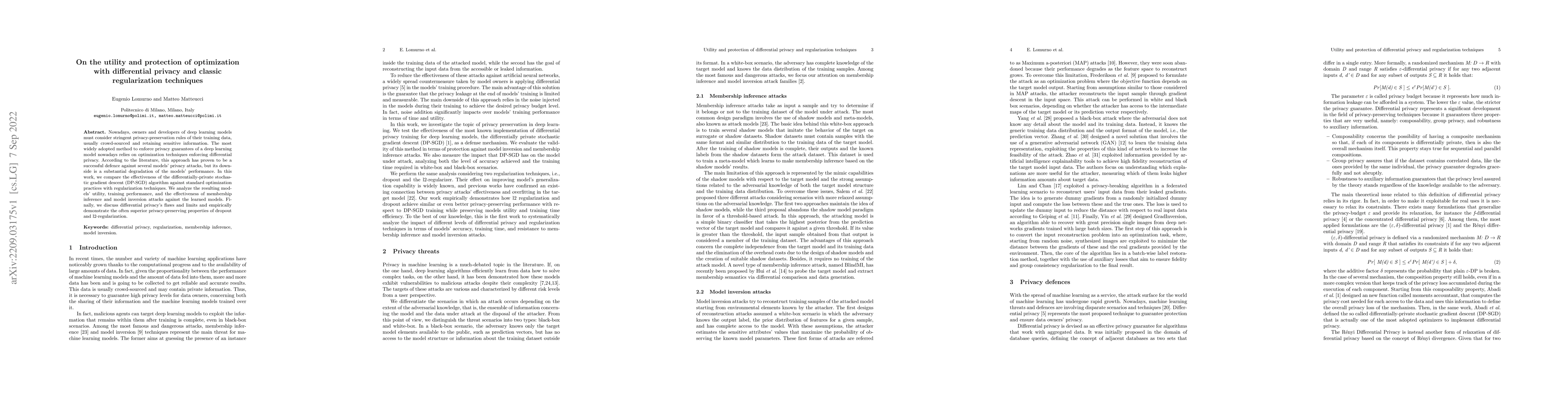 Thumbnail for On the utility and protection of optimization with differential privacy
  and classic regularization techniques