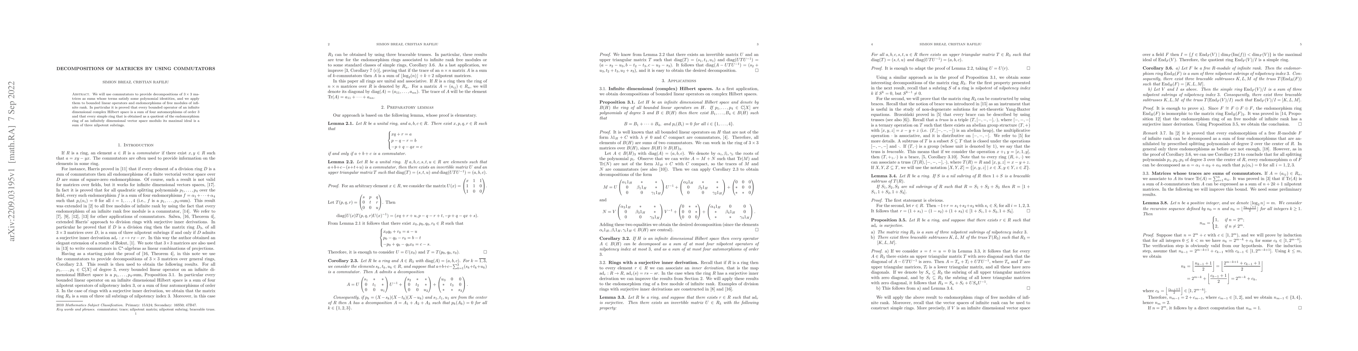Thumbnail for Decompositions of matrices by using commutators