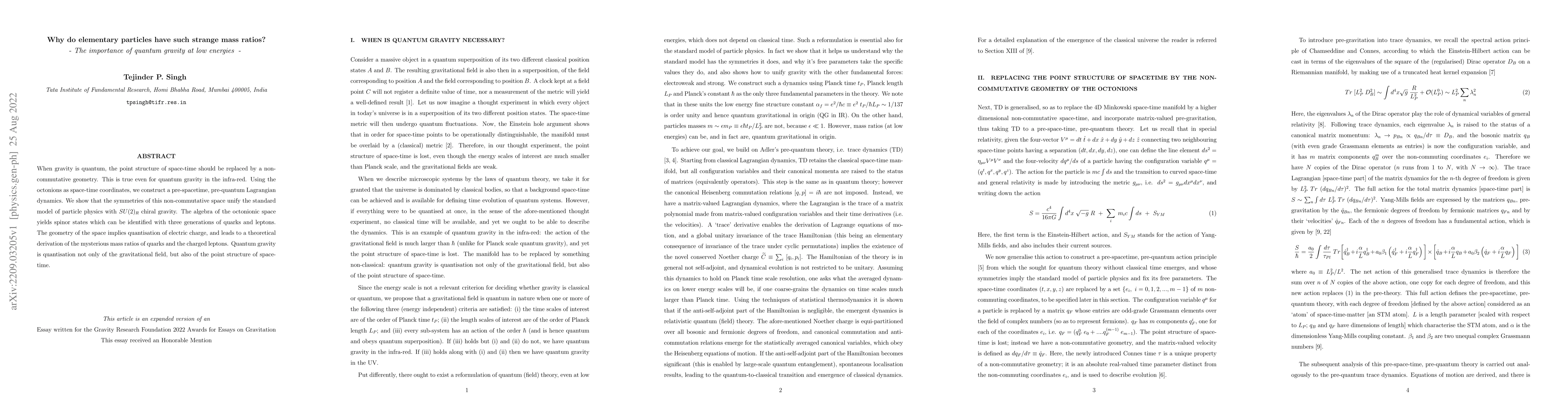 Thumbnail for Why do elementary particles have such strange mass ratios? -- The role
  of quantum gravity at low energies