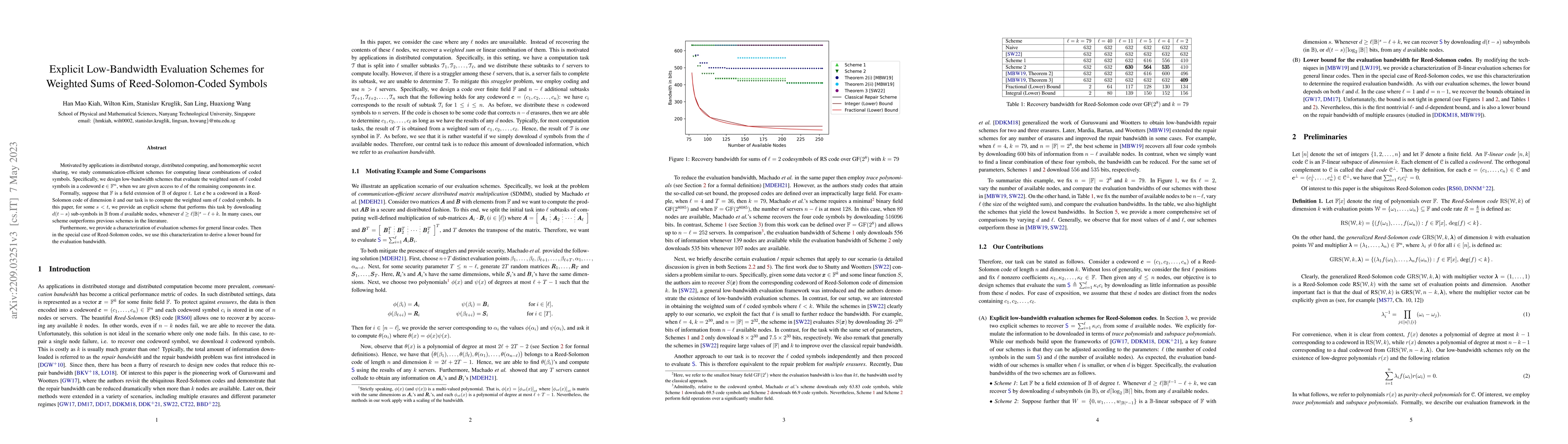 Thumbnail for Explicit Low-Bandwidth Evaluation Schemes for Weighted Sums of
  Reed-Solomon-Coded Symbols