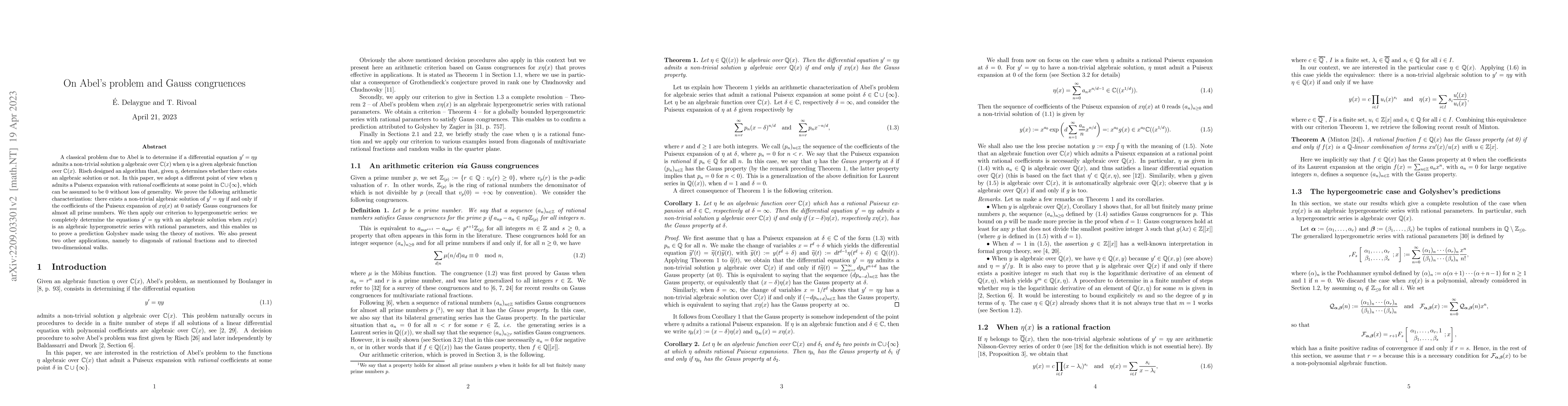 Thumbnail for On Abel's problem and Gauss congruences