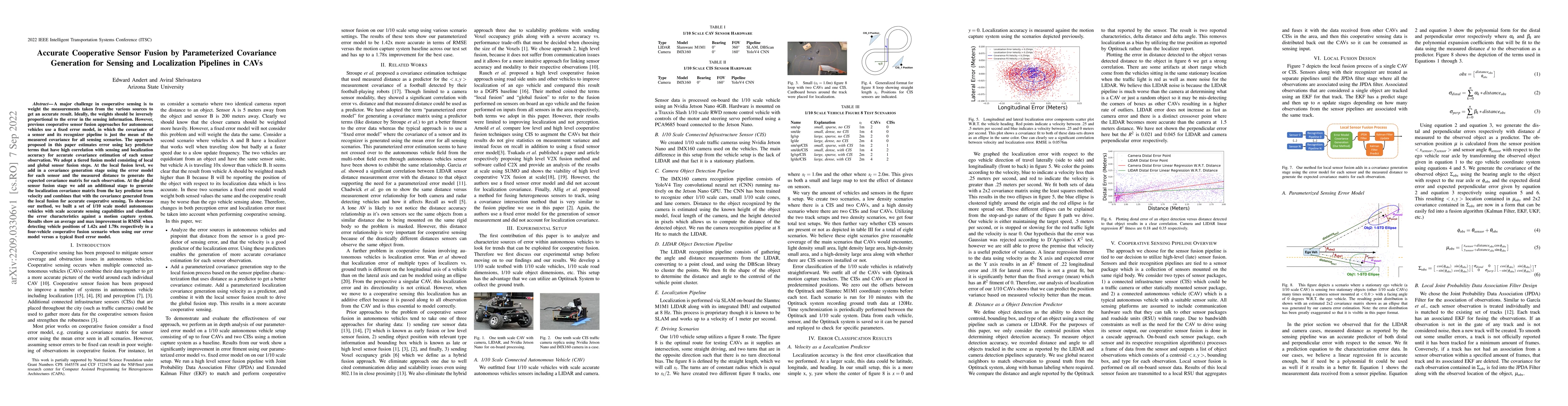 Thumbnail for Accurate Cooperative Sensor Fusion by Parameterized Covariance
  Generation for Sensing and Localization Pipelines in CAVs